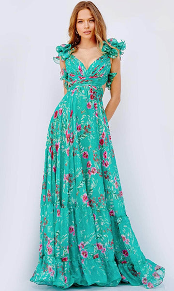 Sophisticated A-line V-neck Floral Print Fall Natural Waistline Lace-Up Ruched Cutout Open-Back Wrap Flowy Dress with a Brush/Sweep Train With Ruffles