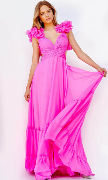A-line Open-Back Lace-Up Ruched Back Zipper Tiered Floor Length Plunging Neck Sweetheart Empire Waistline Prom Dress with a Brush/Sweep Train With Ruffles