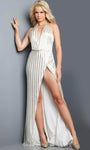 Tall V-neck Floor Length Halter Metallic Glittering Slit Open-Back Sheath Sleeveless Natural Waistline Sheath Dress/Evening Dress