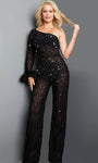 Asymmetric Back Zipper Sheer Illusion Sequined Beaded Fitted Floor Length Long Sleeves Lace Natural Waistline Evening Dress/Jumpsuit