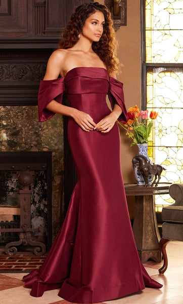 Floor Length Short Sleeves Sleeves Off the Shoulder Mermaid Draped Back Zipper Open-Back Empire Princess Seams Waistline Evening Dress with a Brush/Sweep Train
