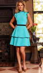 A-line High-Neck Crepe Short Sleeves Sleeves Sleeveless Natural Waistline Tiered Open-Back Belted Short Dress