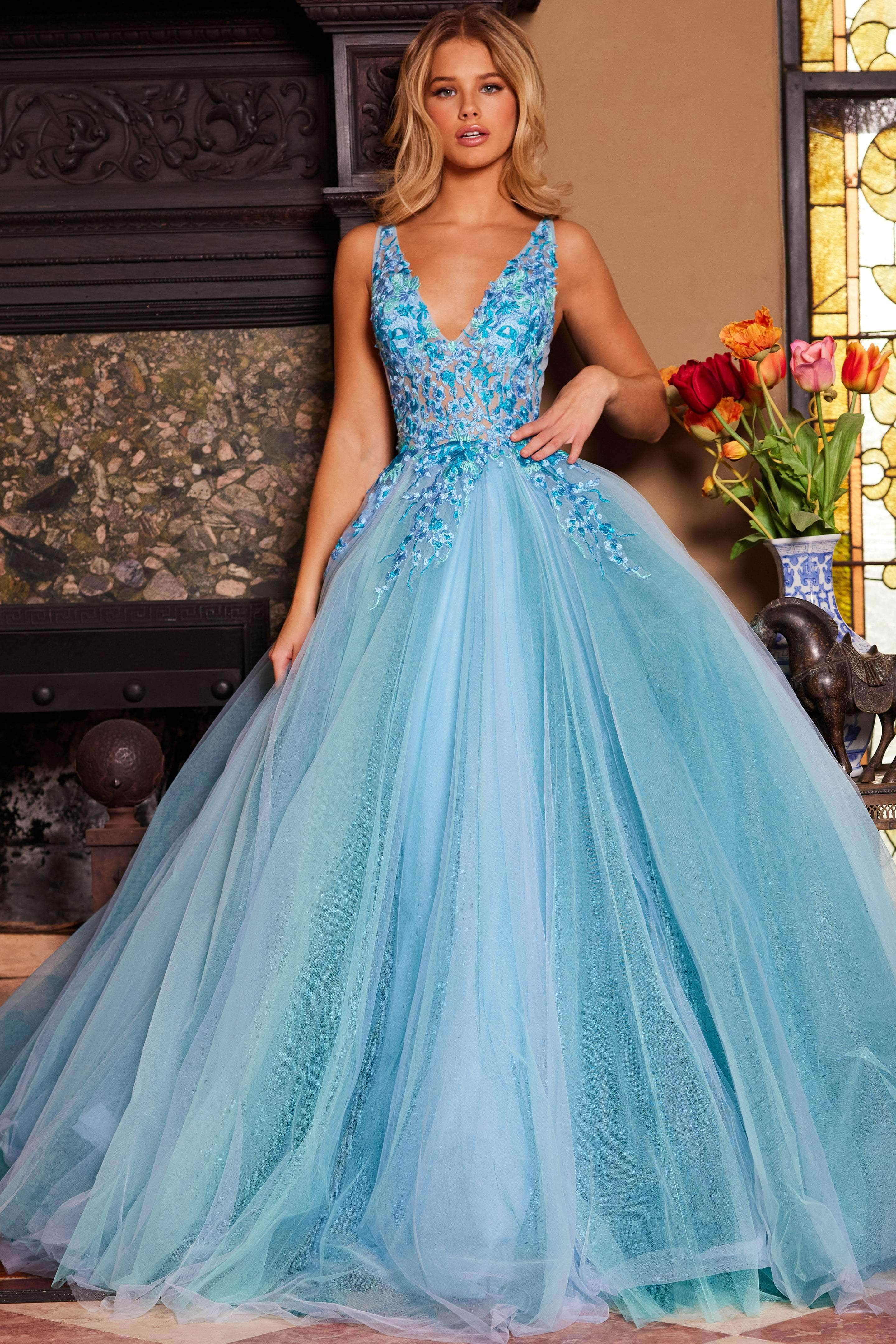 Jovani 23577 - Floral Lace V-Neck Ballgown
