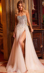 Sexy A-line Strapless Floor Length Beaded Open-Back Slit Illusion Crystal Corset Natural Waistline Sweetheart Tulle Prom Dress with a Brush/Sweep Train