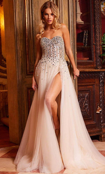 Sexy A-line Strapless Corset Natural Waistline Illusion Crystal Open-Back Slit Beaded Tulle Sweetheart Floor Length Prom Dress with a Brush/Sweep Train