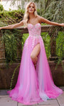 A-line Strapless Slit Back Zipper Applique Sheer Floor Length Corset Natural Waistline Sweetheart Floral Print Prom Dress
