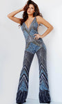 V-neck Crystal Fitted Sequined Sheer Beaded Back Zipper Jeweled V Back Natural Waistline Floor Length Sleeveless Plunging Neck Striped Print Party Dress/Jumpsuit