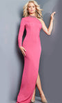Sheath Asymmetric Beaded Slit Fitted High-Neck Turtleneck Sheath Dress with a Brush/Sweep Train by Jovani