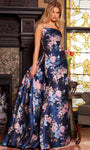 A-line Strapless Natural Waistline Asymmetric Pleated Back Zipper Open-Back Floral Print Mermaid Floor Length Crepe Evening Dress with a Brush/Sweep Train