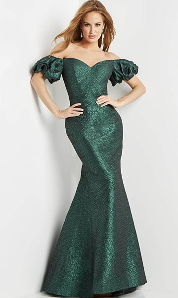 Sweetheart Open-Back Jacquard Back Zipper Floor Length Natural Waistline Mermaid Puff Sleeves Sleeves Off the Shoulder Evening Dress with a Brush/Sweep Train