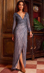 V-neck Sheath Long Sleeves General Print Faux Wrap Beaded Open-Back Glittering Mesh Slit V Back Back Zipper Fitted Natural Waistline Plunging Neck Sheath Dress/Evening Dress with a Brush/Sweep Train