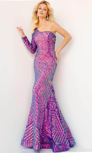 Geometric Print Mermaid Floor Length Back Zipper Asymmetric Sequined Open-Back Natural Waistline Long Sleeves One Shoulder Prom Dress