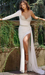 Jersey Sheath Crystal Ruched Slit Floor Length Corset Natural Waistline Sweetheart Long Sleeves One Shoulder Sheath Dress/Evening Dress/Prom Dress