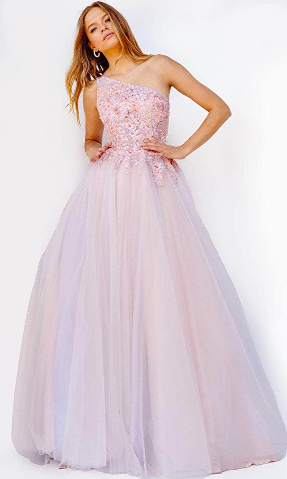 Jovani 24271 - Asymmetrical Floral Appliqued Ballgown
