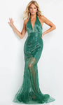 V-neck Beaded Open-Back Sequined Goddess Banding Sheer Back Zipper Halter Plunging Neck Floor Length Natural Waistline Mermaid Chevron Print Sleeveless Evening Dress