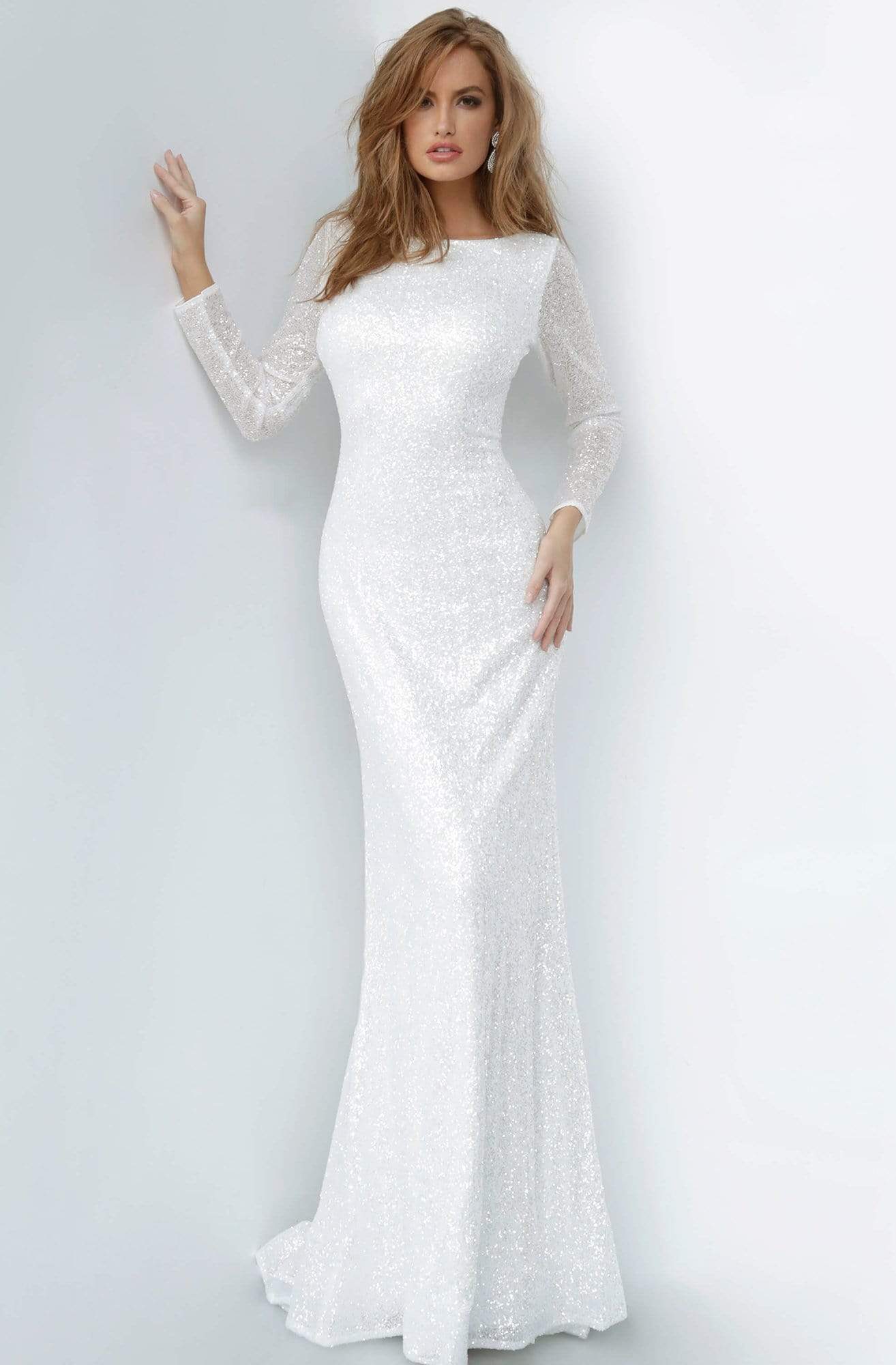 Jovani - 2927 Long Sleeve Bateau Glitter Sheath Dress
