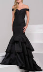 Mermaid Satin Natural Waistline Off the Shoulder Tiered Draped Wrap Prom Dress with a Brush/Sweep Train