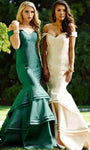 Mermaid Draped Tiered Wrap Satin Natural Waistline Off the Shoulder Prom Dress with a Brush/Sweep Train