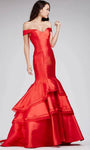 Tiered Draped Wrap Mermaid Natural Waistline Satin Off the Shoulder Prom Dress with a Brush/Sweep Train
