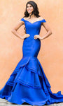 Draped Wrap Tiered Satin Mermaid Natural Waistline Off the Shoulder Prom Dress with a Brush/Sweep Train