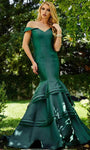 Off the Shoulder Natural Waistline Satin Wrap Draped Tiered Mermaid Prom Dress with a Brush/Sweep Train