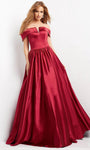 Off the Shoulder Natural Waistline Satin Gathered Pocketed Back Zipper Open-Back Floor Length Evening Dress