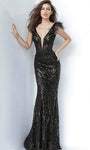 V-neck Draped Beaded Illusion Sequined Sheer Open-Back Back Zipper Floor Length Natural Waistline Plunging Neck Cap Sleeves Sheath General Print Sheath Dress/Prom Dress with a Brush/Sweep Train