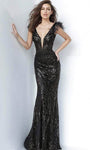 V-neck Illusion Draped Back Zipper Open-Back Sheer Sequined Beaded Sheath Plunging Neck Cap Sleeves Natural Waistline General Print Floor Length Sheath Dress/Prom Dress with a Brush/Sweep Train