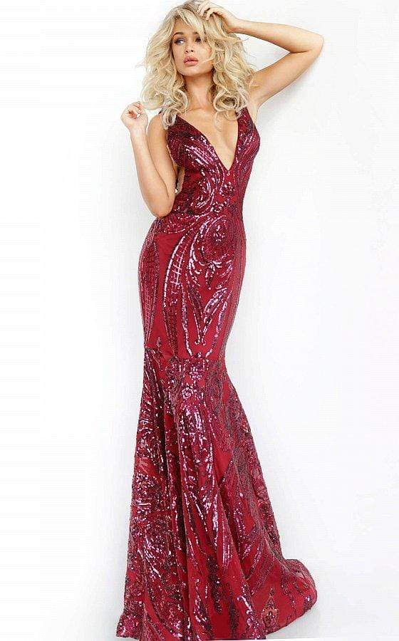 Jovani - 3186 Sequined Deep V-neck Trumpet Dress
