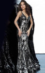 V-neck Sheer Sequined Fitted V Back Mermaid Sleeveless Plunging Neck Natural Waistline Prom Dress with a Brush/Sweep Train