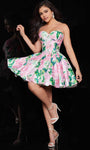 A-line Strapless Short Satin Sweetheart Pleated Lace-Up Corset Natural Waistline Floral Print Prom Dress