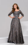 A-line 3/4 Flutter Sleeves Floor Length Lace Crystal Beaded Sheer Illusion Scoop Neck Corset Empire Waistline Dress