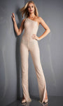 Floor Length Natural Waistline One Shoulder Back Zipper Asymmetric Fitted Open-Back Beaded Slit Jumpsuit