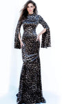 Jeweled Neck High-Neck Natural Waistline Long Sleeves Polyester Hidden Back Zipper Fitted Fit-and-Flare Mermaid Floor Length Animal Print Evening Dress with a Brush/Sweep Train