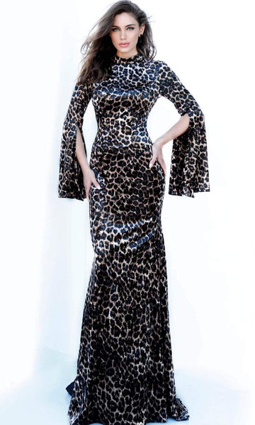 Jeweled Neck High-Neck Fit-and-Flare Mermaid Polyester Fitted Hidden Back Zipper Long Sleeves Animal Print Floor Length Natural Waistline Evening Dress with a Brush/Sweep Train