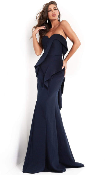 Sophisticated Strapless Sweetheart Hidden Back Zipper Fitted Peplum Floor Length Natural Waistline Fit-and-Flare Mermaid Evening Dress with a Brush/Sweep Train