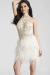 Sophisticated Halter Crystal Keyhole Open-Back Fitted Beaded Sleeveless Sheath Natural Waistline Cocktail Above the Knee Sheath Dress