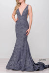V-neck Natural Waistline Glittering Illusion Back Zipper Open-Back Plunging Neck Prom Dress with a Brush/Sweep Train