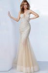 V-neck Tulle Mermaid Plunging Neck Sleeveless V Back Fitted Beaded Natural Waistline Prom Dress with a Brush/Sweep Train