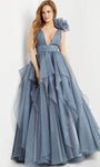V-neck Tulle Back Zipper Applique Ruched Plunging Neck Floral Print Empire Waistline Sleeveless Dress With Ruffles