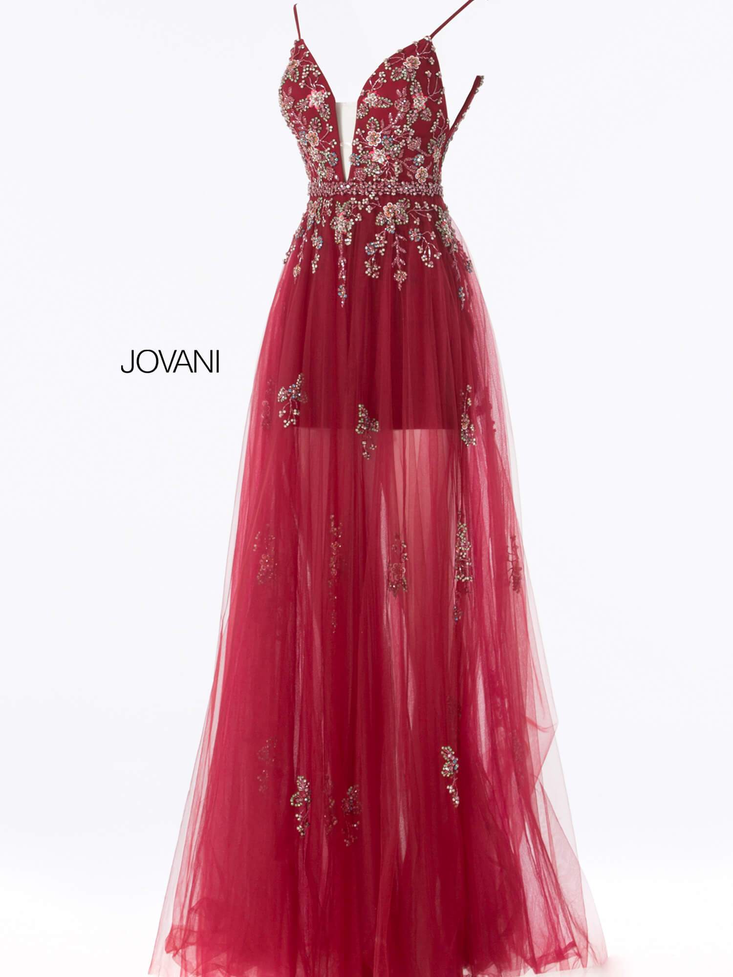 Jovani - 55621 Plunging Neckline Floral Embellished Tulle Dress
