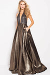 Tall A-line V-neck Metallic Back Zipper Pleated Open-Back Halter Plunging Neck Flutter Sleeves Sleeveless Natural Princess Seams Waistline Evening Dress/Prom Dress with a Brush/Sweep Train