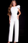 Cap Sleeves Floor Length Elasticized Natural Waistline Back Zipper Gathered Racerback Jeweled Neck Jumpsuit With Ruffles