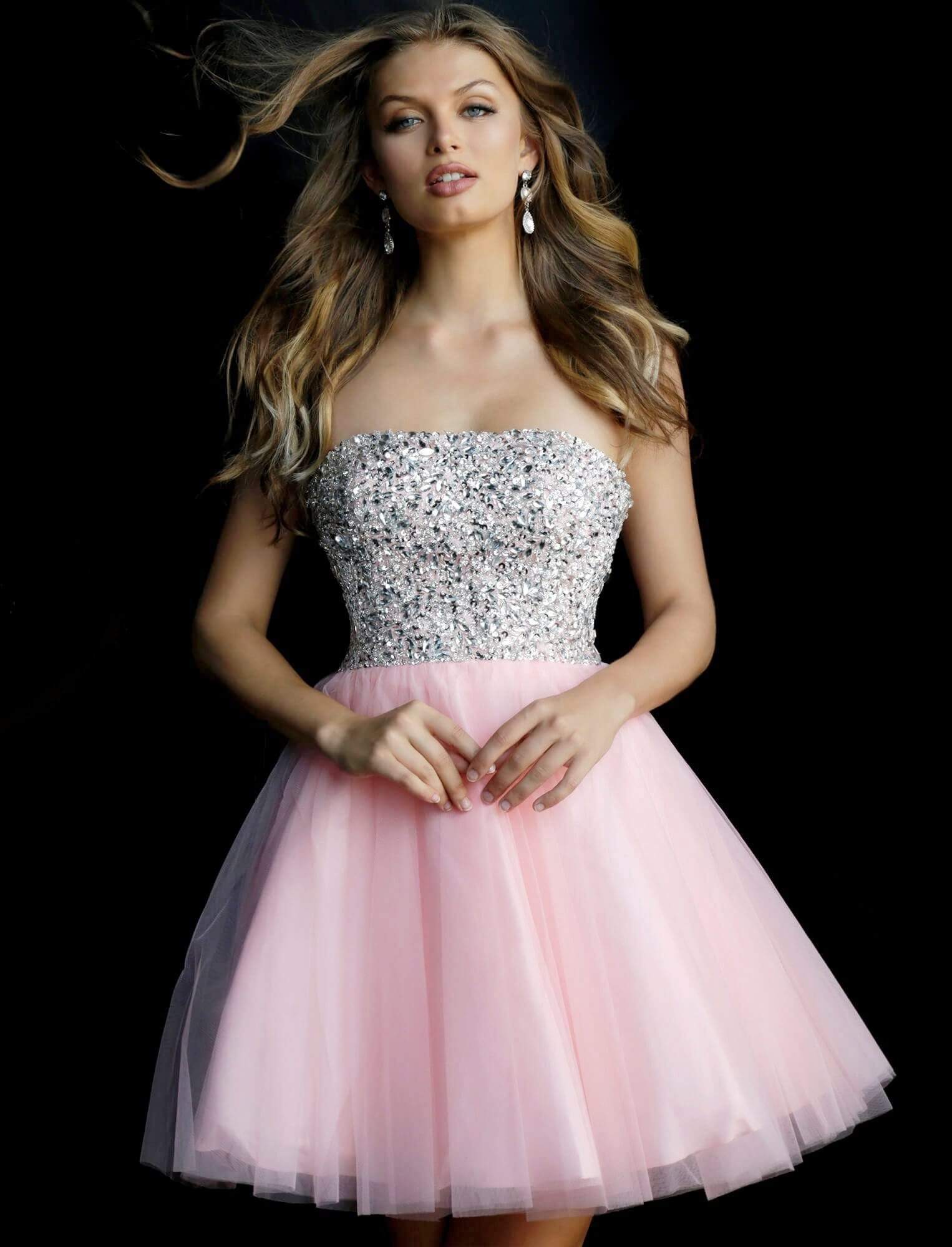 Jovani - 58470 Bead Studded Strapless Top Fit and Flare Cocktail Dress
