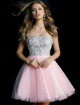 A-line Strapless Straight Neck Tulle Fit-and-Flare Cocktail Short Natural Waistline Beaded Fitted Back Zipper Party Dress