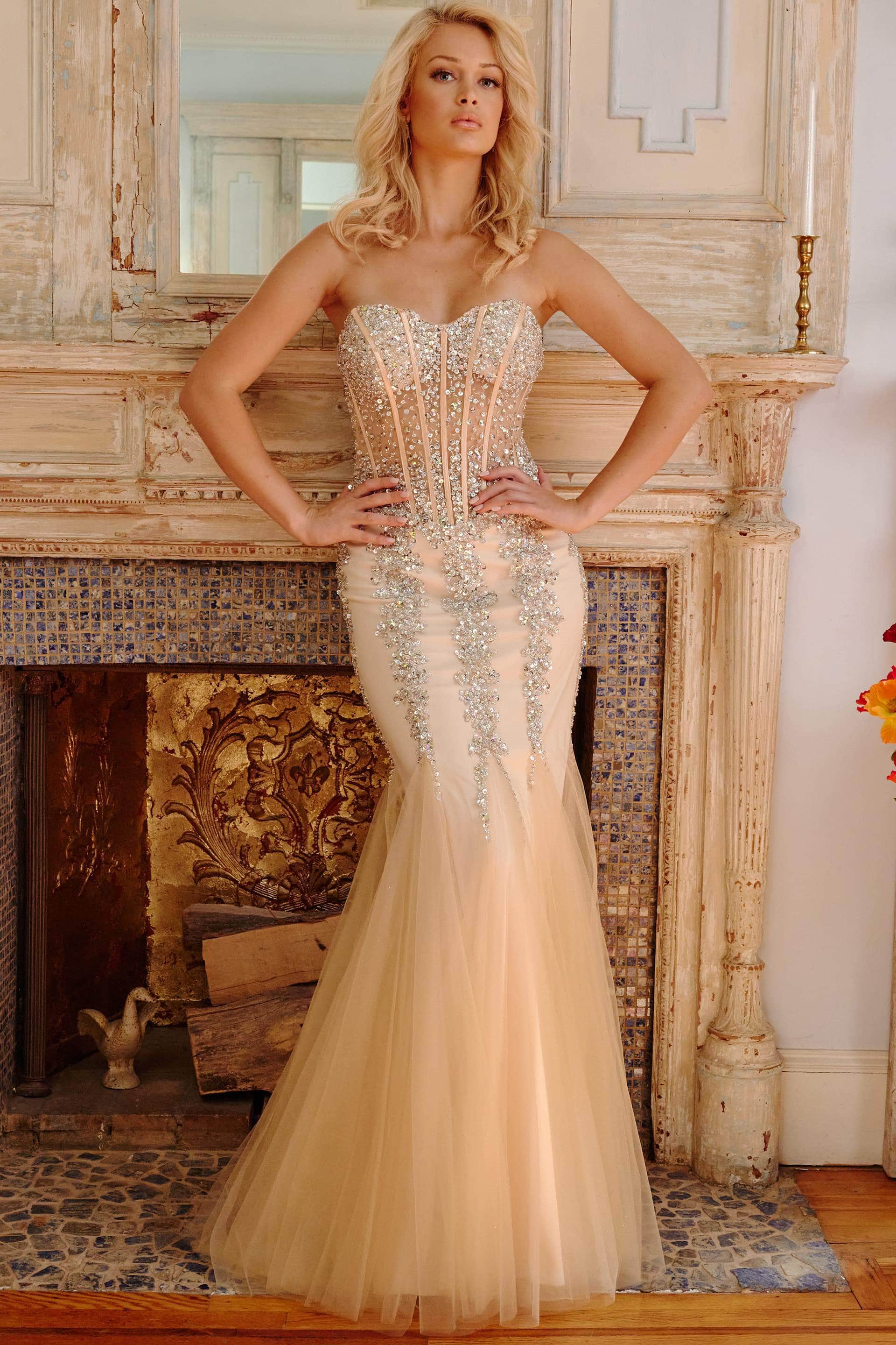 Jovani 5908 Strapless Sweetheart Corset Bodice Junior Prom Mermaid Gown
