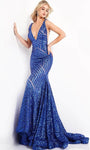 V-neck Mermaid Natural Waistline V Back Sheer Mesh Sequined Back Zipper Fitted Geometric Print Plunging Neck Sleeveless Floor Length Evening Dress with a Brush/Sweep Train