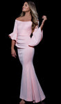 Draped Ruched Back Zipper Floor Length Mermaid Bell Sleeves Off the Shoulder Natural Waistline Dress With Ruffles