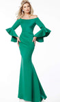 Floor Length Bell Sleeves Off the Shoulder Natural Waistline Draped Ruched Back Zipper Mermaid Dress With Ruffles