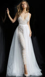 A-line V-neck Sleeveless Tulle Plunging Neck Fitted V Back Hidden Back Zipper Beaded Sheer Natural Waistline Prom Dress/Jumpsuit